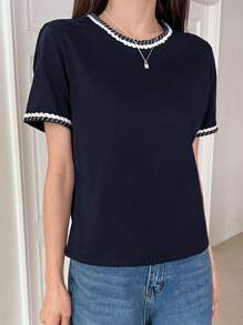 DAZY Camiseta De Cuello Redondo Con Ribete De Contraste - Azul Marino - Ver 4