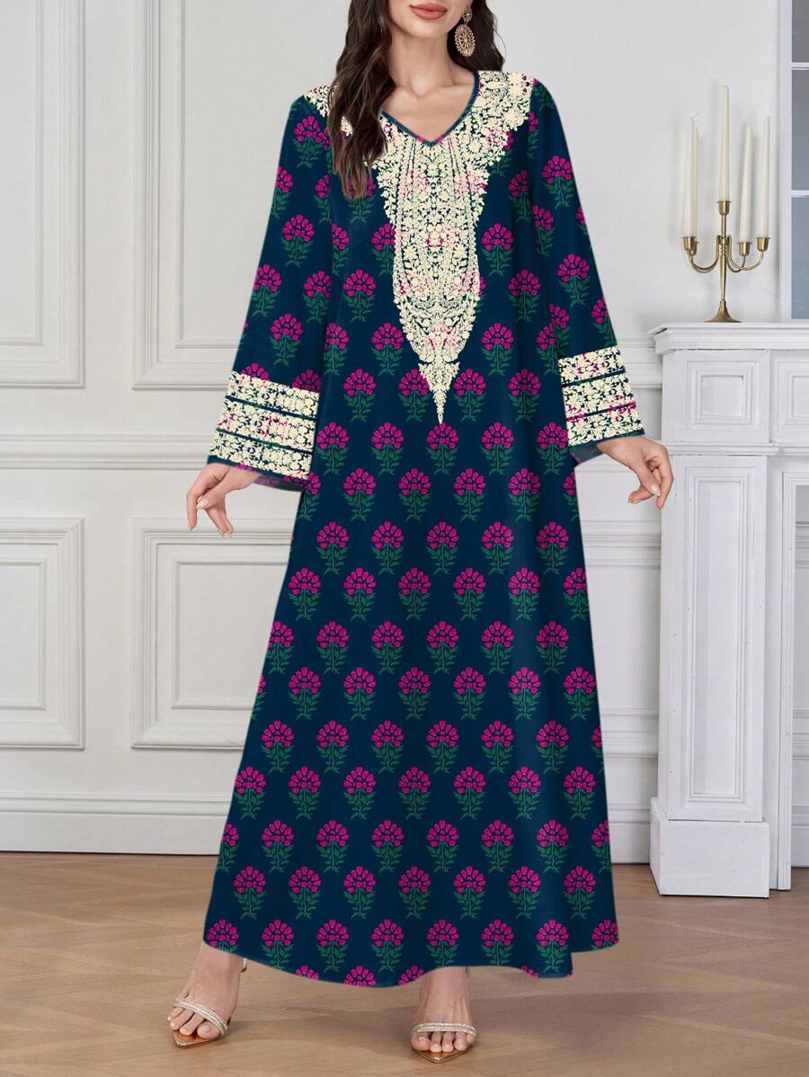 Al Najma 女式复古花卉印花阿拉伯风格 V 领长袖连衣裙,阿拉伯连衣裙 - 水鴨藍 - 查看 1