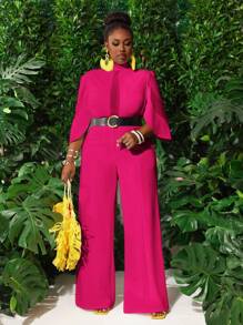 Slaydiva 大码女式性感优雅白色花朵喇叭蕾丝和网眼拼接长款连体裤，适合派对、约会、情人节 - 玫紅色 - 查看 3