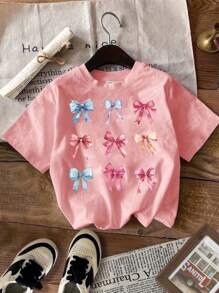SHEIN Paquete de camisetas informales minimalistas con estampado de dibujos animados para niñas preadolescentes, aptas para el verano