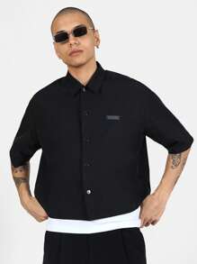 SUMWON 轻盈纽扣衬衫短袖休闲都市街头风夏季春季时尚现代商务休闲装 - 黑色 - 查看 2