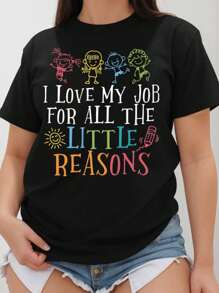 SHEIN CURVE+ 大码女式夏季和春季教师节印花黑色 T 恤、短袖圆领休闲上衣、图案 T 恤 - 黑色 - 查看 1