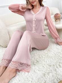 2pcs Women V-Neck Lace Romantic Pajama Set - Dusty Pink - View 2