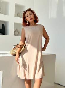 SHEIN Frenchy 大码女式宽松舒适杏色连衣裙，背部蝴蝶结设计，休闲时尚装扮，适合春夏季外出、约会、度假 - 杏色 - 查看 3