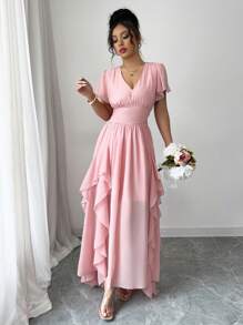 Rafferiza 优雅修身荷叶边下摆连衣裙，法式风格 - 粉色 - 查看 6