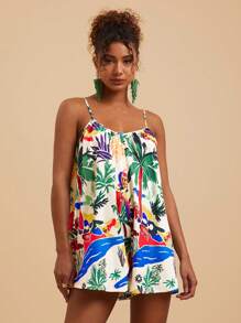 Travachic 热带彩色印花 V 领无袖宽松连体裤，适合海滩度假 - 彩色 - 查看 3