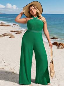 SHEIN VCAY Plus Size Casual Vacation Island Green Textured Fabric Criss-Cross Halter Waist Loose Wide Leg Long Jumpsuit South Beach Outfits Summer Outfits For Women European Summer Western Wear Women Cute Summer Outfits Beach Outfits Boho Women Clothing Vacation Outfits Woman Resort Wear Women Hippie Clothes For Women Easter Outfit Women Rave Outfits Country Concert Outfit Nashville Outfits Outfits Ibiza Outfits
