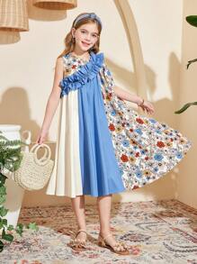 SHEIN Leap Crew Tween Girl 碎花撞色拼接不对称荷叶边下摆 A 字短袖连衣裙 - 粉色 - 查看 4