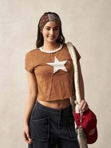 VARSITIE Damen Lässig Sport Kurzarm Kontrast Farbe Stern T-Shirt Top - Khaki - Übersicht 4