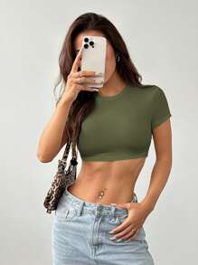 SHEIN PETITE Casual Simple Solid Color Round Neck Cropped Slim Fit Women's T-Shirt - Army Green - View 7