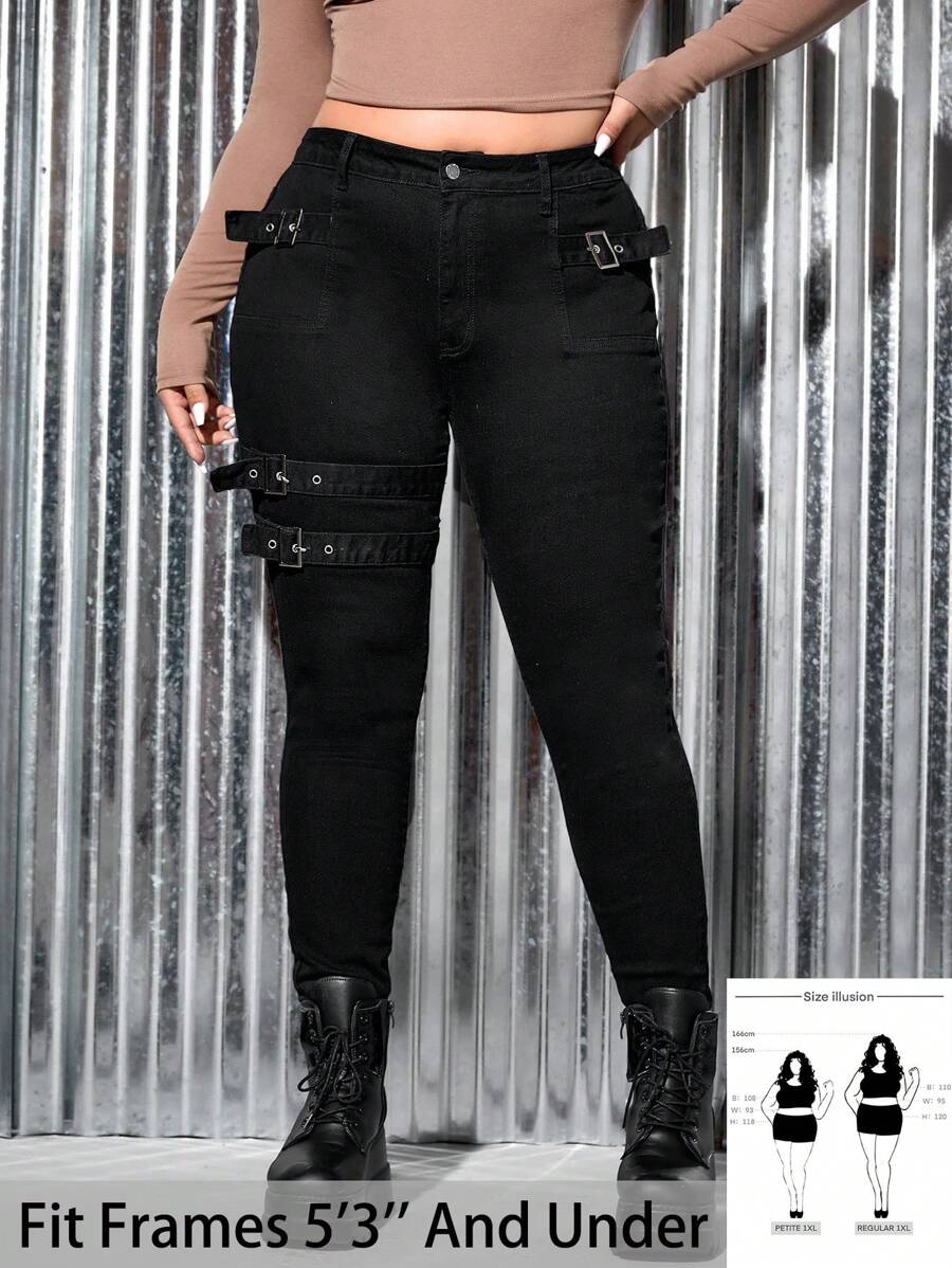 SHEIN PETITE CURVE Plus Size Women's Buckle Decor Black Denim Elastic Pants - Black - View 1