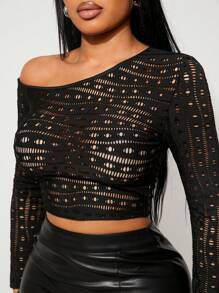 SHEIN SXY Czarny jednolity kolor seksowny asymetryczny jednoramienny wycięty dopasowany top, uniwersalny strój na dzień, wieczorne wyjście, randki, spotkania, imprezy, klubowanie, festiwal muzyczny - Czarne - Zobacz 8