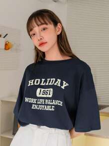 DAZY Letter Graphic Drop Shoulder Tee Summer Oversized T-Shirt - Navy Blue - View 2