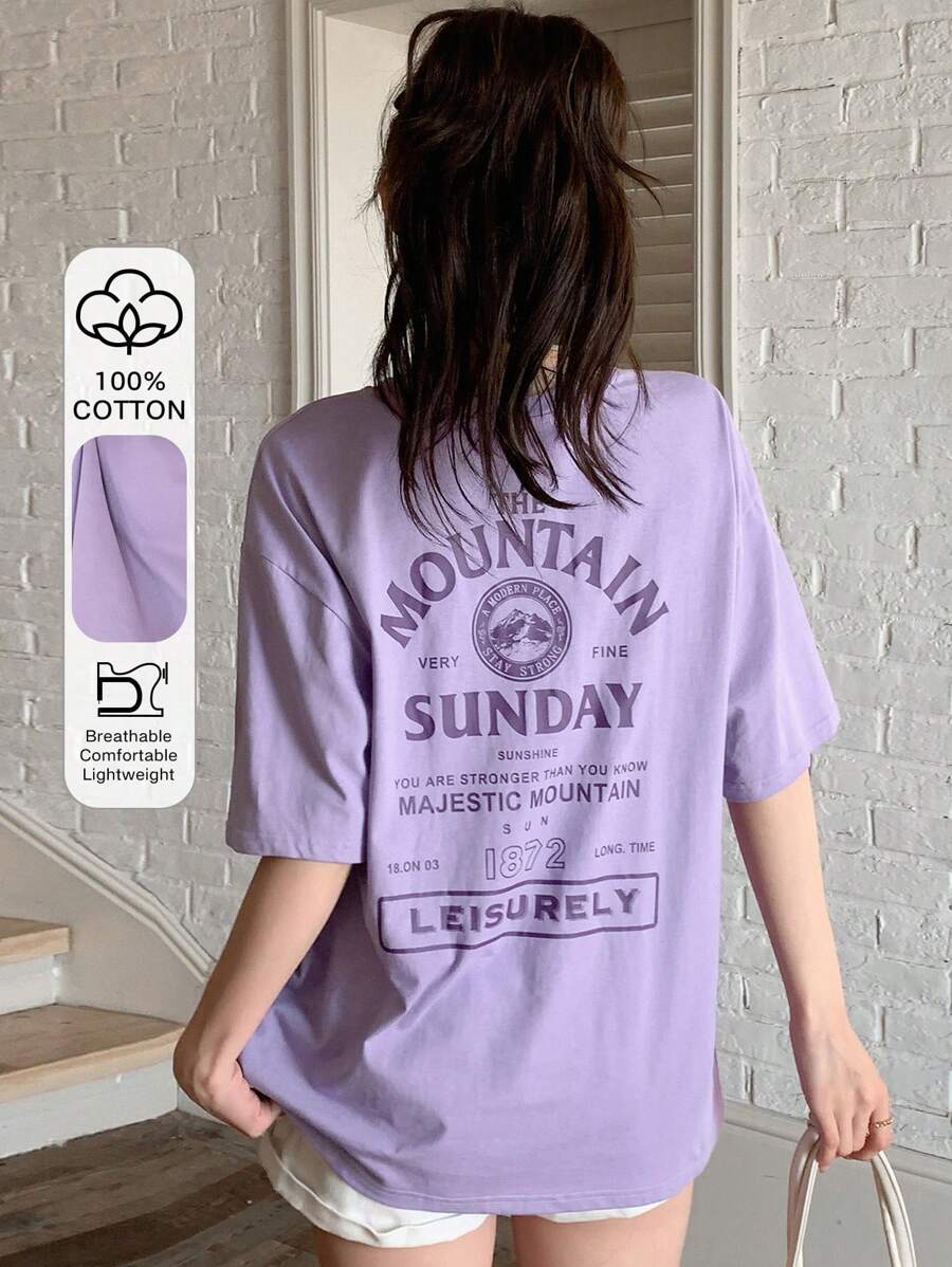 DAZY 标语图案落肩 T 恤 THE MOUNTAIN A MODERN PLACE SUNDAY SUNSHINE YOU ARE STRONGER THAN YOU WNOW MAJESTIC MOUNTAIN SUN 夏季