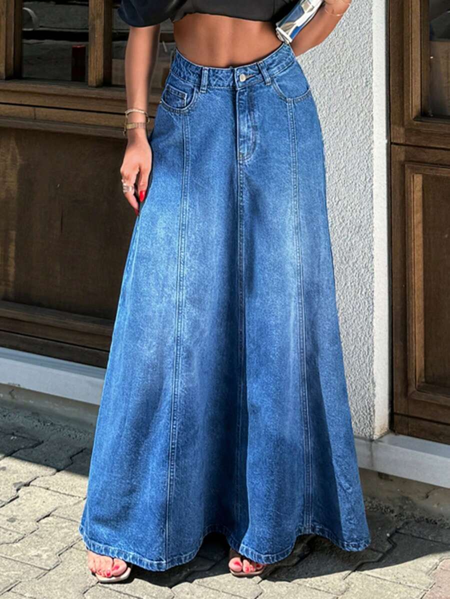 Cottnline WOMEN DENIM SKIRT STICH DETAIL MAXI SKIRT - Medium Wash - View 1