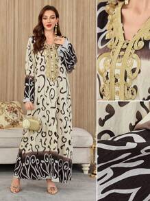 Al Najma 女式印花拼布长袖简约休闲长款阿拉伯连衣裙，阿拉伯连衣裙，端庄 - 彩色 - 查看 1