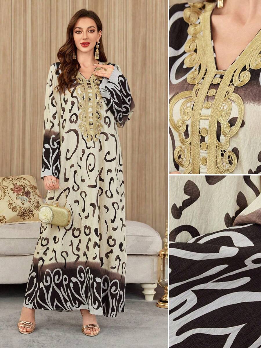 Al Najma 女式印花拼布长袖简约休闲长款阿拉伯连衣裙，阿拉伯连衣裙，端庄 - 彩色 - 查看 1