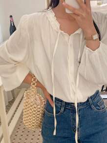 DAZY 女士纯色 V 领褶裥前扣优雅长袖衬衫，返校服装学院风上衣，秋季女装 - 杏色 - 查看 4