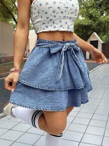 SHEIN PETITE Women's Blue Body-Conscious Mini Denim Skirt