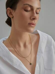 Bộ trang sức thép không gỉ 5 món - Vòng cổ đá đen La Mã, Vòng tay Vạn Lý Trường Thành, Nhẫn hở đính đá, Hoa tai, Trang phục hàng ngày cho phụ nữ Quà tặng Giáng sinh mùa đông - Dây chuyền vỏ sò đen La Mã + vòng tay + nhẫn + bông tai - Xem 5