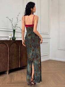 EastFlair Floral Print Spaghetti Strap Backless Split Dress Chinese Style Patterns