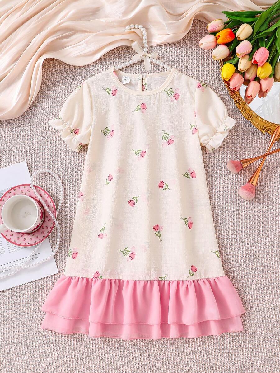 Little Girls Floral Print Ruffle Trim Short Sleeve Nightgown Sleepwear - Pink - View 1