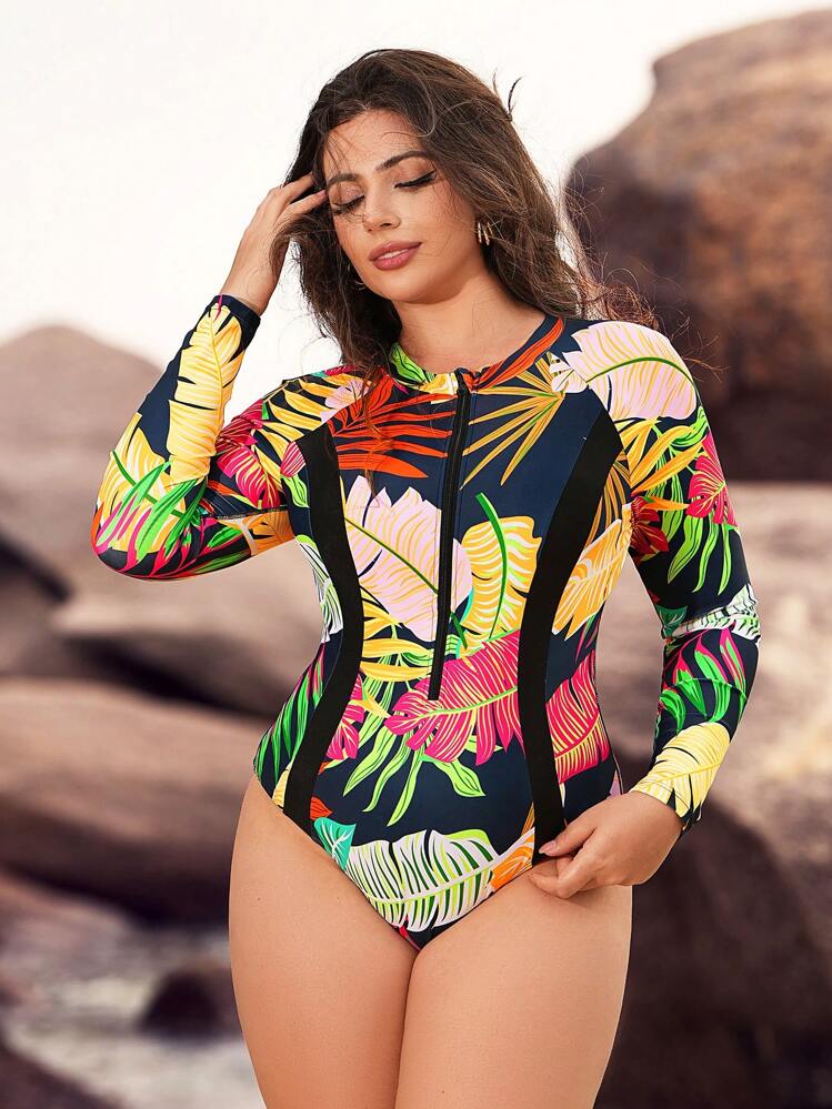 Swim Mulvari Plus Size Women's 3 Pcs Set Random Leaf Print Zipper Front One-Piece Swimsuit & Pants & Skirt Conservative Style Modest Swimwear Outfit Burkinis For Summer Beach Vacation - Multicolor - View 5
