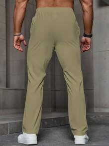 Manfinity Homme Quần ống đứng dáng rộng màu trơn có dây rút eo dành cho nam, mùa thu - xanh quân đội - Xem 2