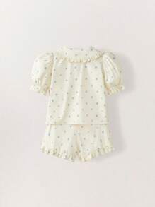 SHEIN Leap Crew Young Girls Cute Floral Embroidered Collar Ruffle Trim Shirt And Ruffle Hem Shorts Set - Multicolor - View 2