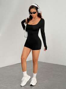 SHEIN PETITE Black Knitted Square Neck Tight Casual Sports Yoga Jumpsuit - Black - View 3