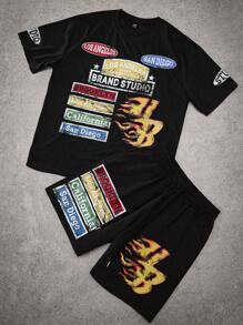Manfinity Streetrush Regalo para el novio, conjunto de camiseta de manga corta con cuello redondo y estampado de colores y pantalones cortos elásticos, conjunto informal de dos piezas de ropa de calle joven, conjunto de dos piezas de ropa de hombre, conjunto de dos piezas de pantalones cortos