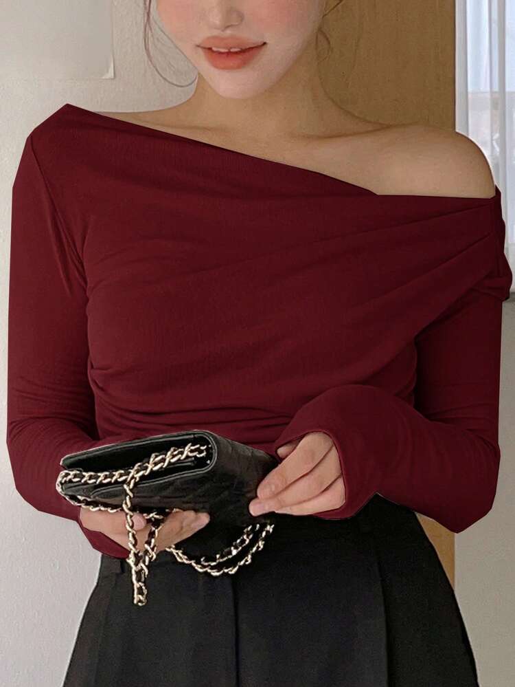 Women's T-Shirt, Chinese New Year , Off Shoulder, Wrap Design, Encore Red, Autumn/Spring Long Sleeve Women Tops