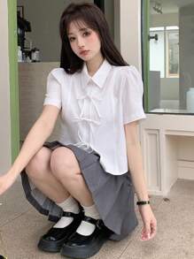 DAZY Của phụ nữ Màu thuần Bong bóng Tay áo Cà vạt Áo sơ mi - trắng - Xem 2