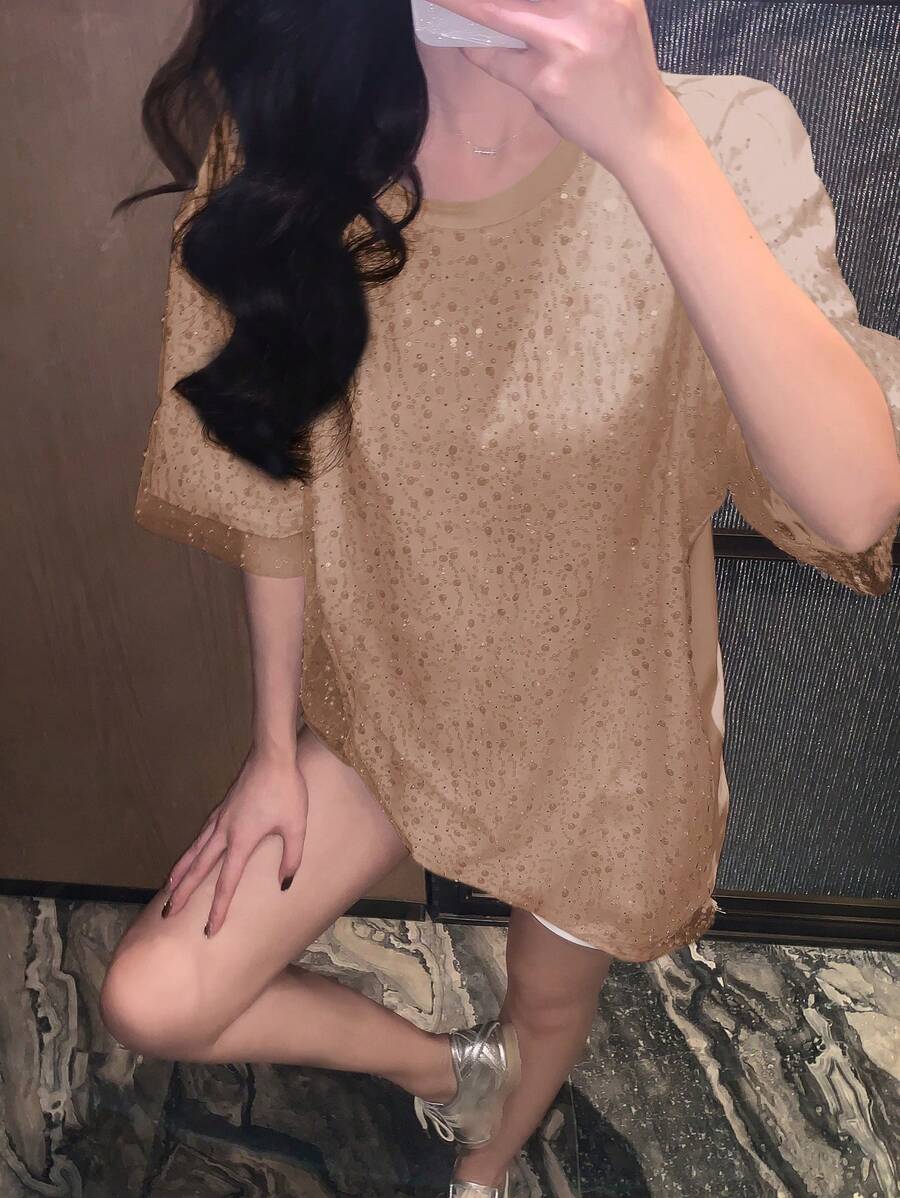 DAZY 女士时尚二合一亮面网纱串珠圆领短袖T恤亮片 - 杏色 - 查看 1