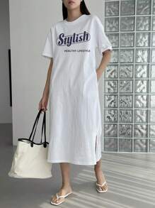 DAZY Slogan Graphic Drop Shoulder Tee Dress Sundress,Casual Women Dresses - White - View 6