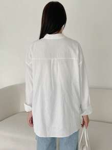 DAZY 纯色纽扣前落肩宽松衬衫，长袖上衣 - 白色 - 查看 2