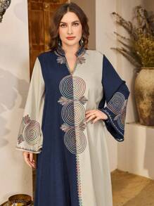 Al Najma 女士优雅绿色和米色拼色刺绣长裙，传统土耳其/阿拉伯长袍 - 彩色 - 查看 6