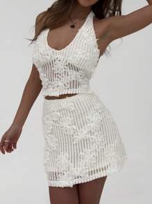 Aloruh 全新浪漫 3D 花卉蕾丝海滩度假套装，性感吊带背心上衣 + 迷你裙 2 件套 - 杏色 - 查看 6