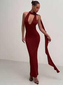 Aloruh 女式深 V 领紧身红色长裙，带 3D 花卉装饰，适合派对、圣诞节、情人节 - 酒紅色 - 查看 1