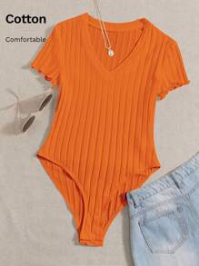 SHEIN Frenchy V領短袖肋紋body - 橘色 - 查看 6