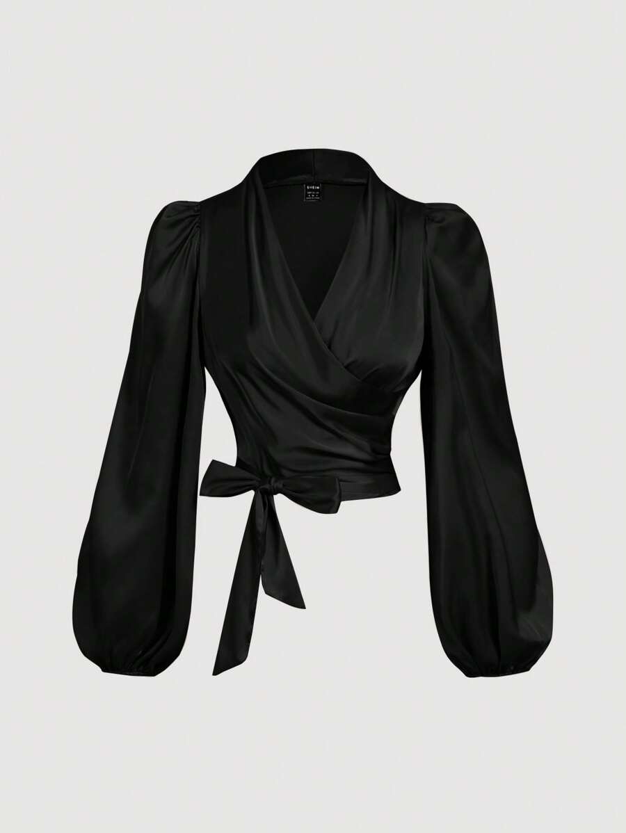 SHEIN MOD 女士黑色环绕式系带蝴蝶结蝙蝠袖衬衫、女士衬衫、闪光衬衫、新年上衣 - 黑色 - 查看 1