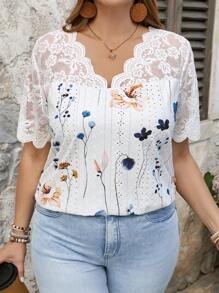 SHEIN LUNE Plus Size Women's V-Neck Lace Patchwork Plant Print T-Shirt Summer For Women Vacation Woman Summer Top Wedding Season Beach For Woman - White - View 6