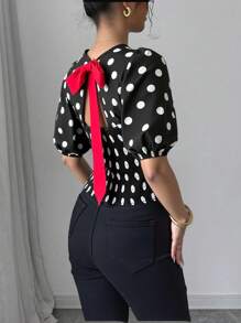 Chiquease Áo cánh tay bồng in họa tiết chấm bi buộc sau lưng cho nữ - màu đen - Xem 5