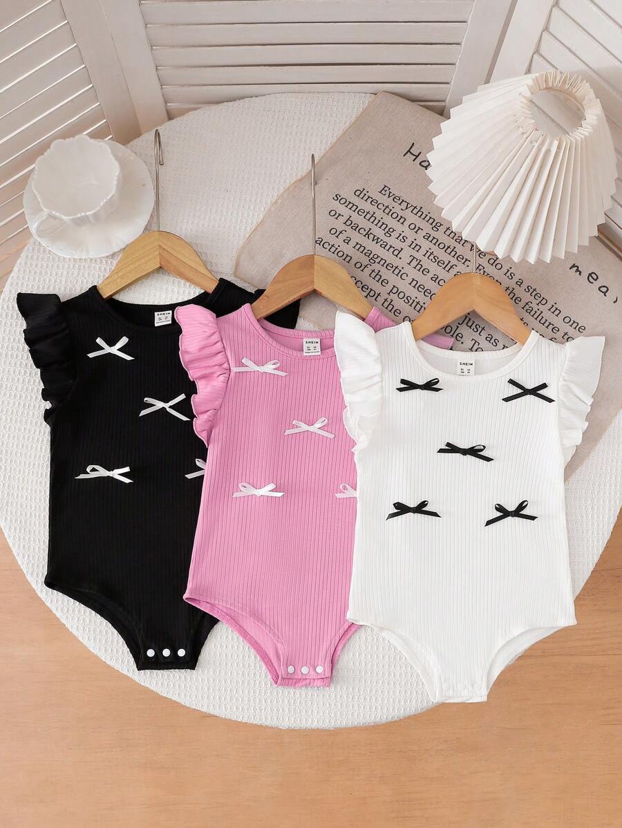 SHEIN 3pcs/Set Young Girls Short Cap Sleeve Bowknot Ribbed Snap Button Bodysuit - Multicolor - View 1