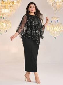 Modelyn Plus Size Elegant Party Sequined Mesh Top & Sleeveless Dress 2pcs Set