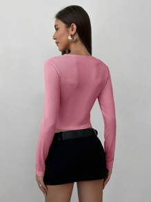 Aloruh V-Neck Hollow Out Bowknot Short T-Shirt In Solid Color