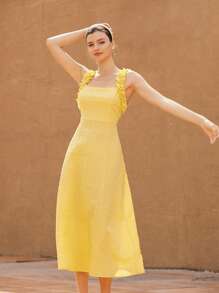 Aveloria Rosie Pale Yellow Asymmetrical Bubble Geometric Embossed Textured Fabric Ruffled Shoulder Strap Romantic Elegant Waisted Vacation Slip Dress For Women  Old Money Style For Summer - Yellow - View 4