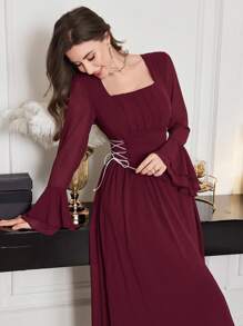 Modelyn Đầm voan dài tay loe buộc eo thanh lịch cho nữ, Xuân/Hè - Màu Đỏ Sâu - Xem 6