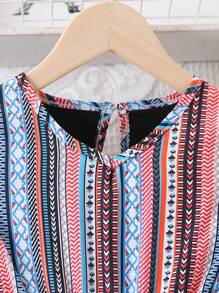 夏季新款少女装适合 4-7 岁，休闲日常海滩度假旅行波西米亚风连衣裙，V 领收腰复古印花 - 黑色 - 查看 3