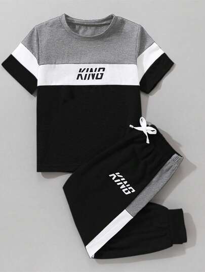 SHEIN Explorewe Young Boy Letter Print Round Neck Short Sleeve T-Shirt And Shorts Casual Outfit